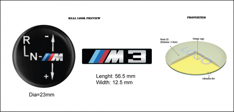 60 BMW M3 badges (Lenght: 56.5 mm Width: 12.5 mm)