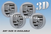 PORSCHE 3d car stickers for wheel center caps :: Black outline logo/silver background::