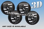 PORSCHE 3d car stickers for wheel center caps :: Silver outline logo/black background::