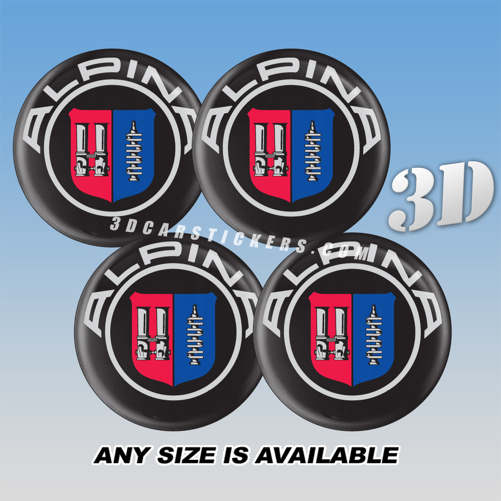 ALPINA Decals For Wheel Center Caps — Silver/Red/Blue Logo/Black Background