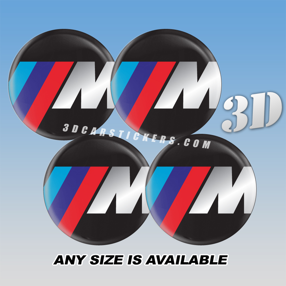 M-POWER BMW Decals For Wheel Center Caps — Silver/Tricolor Logo/Black Background