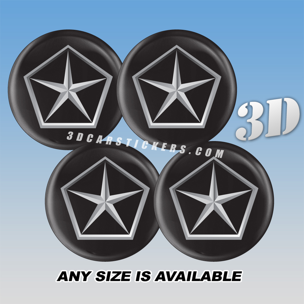 CHRYSLER Domed Decals For Wheel Center Caps — Silver Star Logo/Black Background