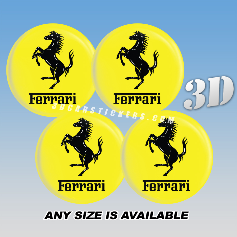 FERRARI Decals For Wheel Center Caps — Black Horse And Writing/Yellow Background