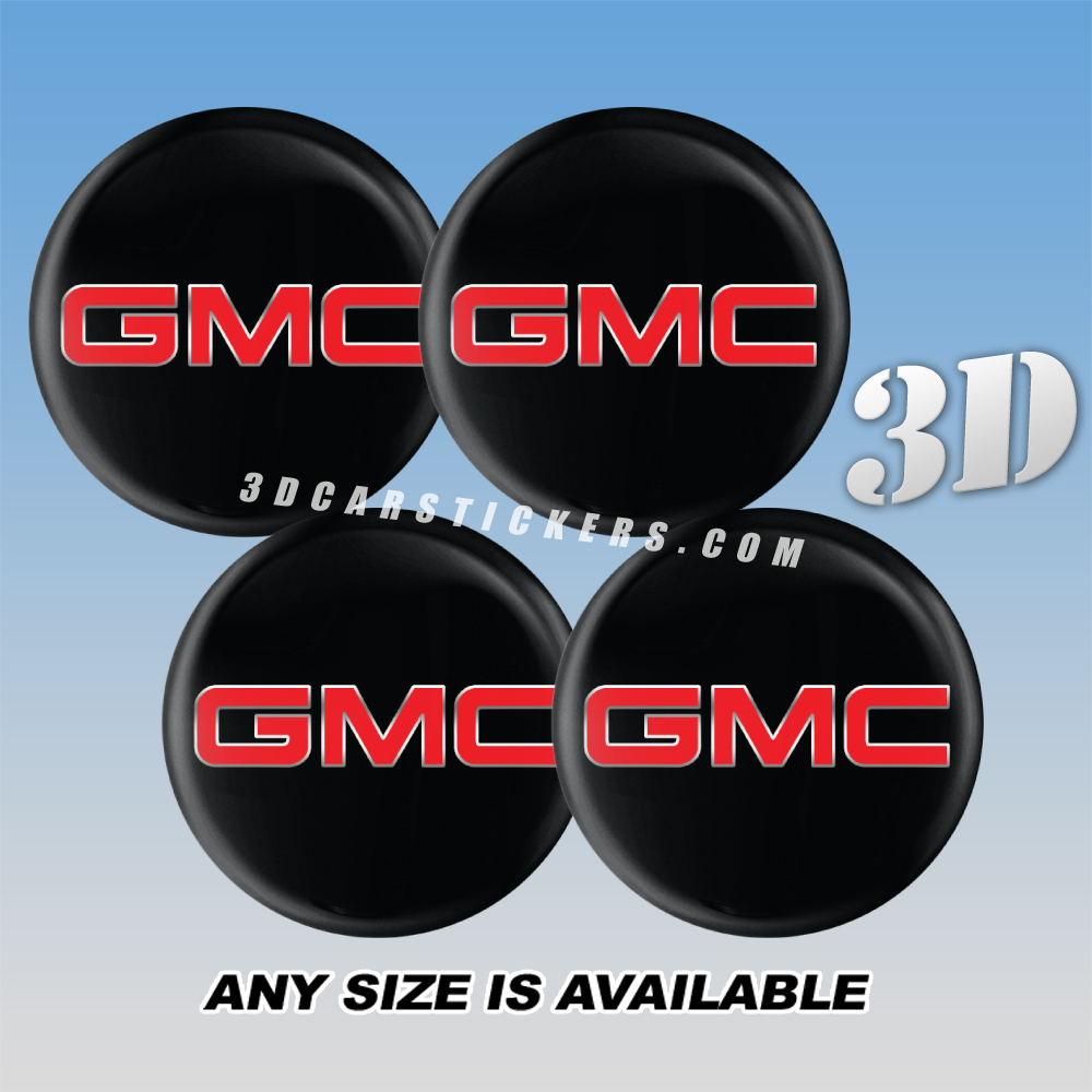 GMC Decals For Wheel Center Caps — Red Logo/Silver Outline/Black Background