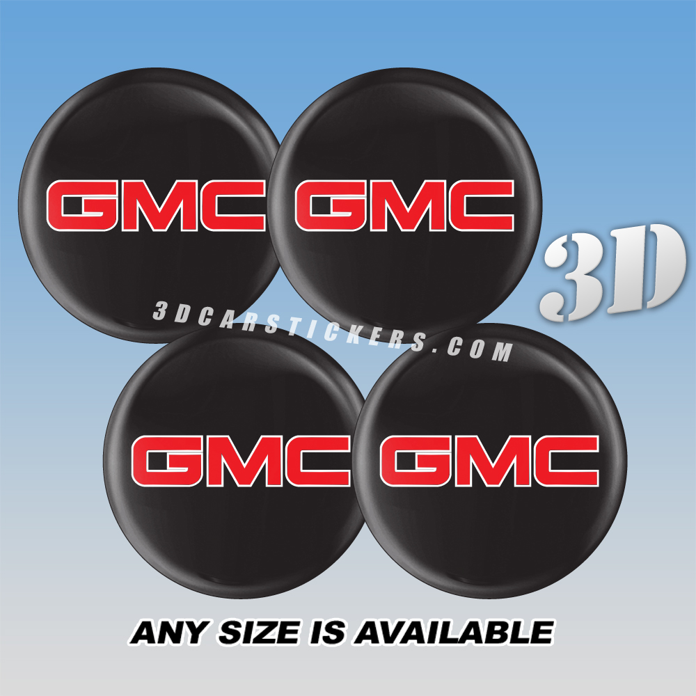 GMC Decals For Wheel Center Caps — Red Logo/White Outline/Black Background