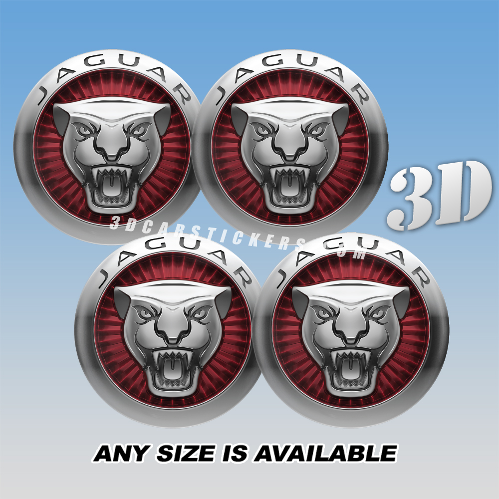 JAGUAR Decals For Wheel Center Caps — Silver/Red Logo/Silver Background