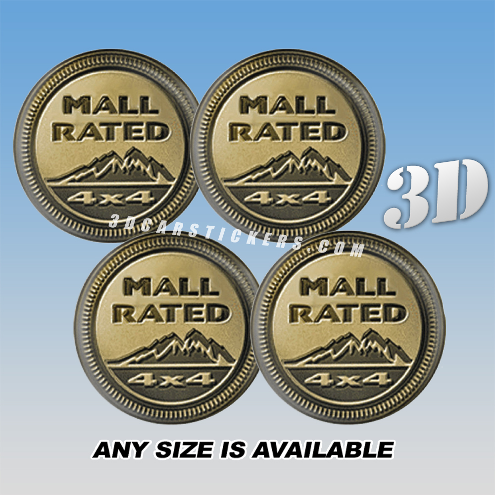 JEEP MALL RATED Decals For Wheel Center Caps — Gold Logo/Black Background