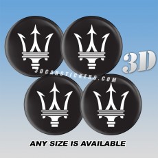 MASERATI Decals For Wheel Center Caps — White Logo/Black Background