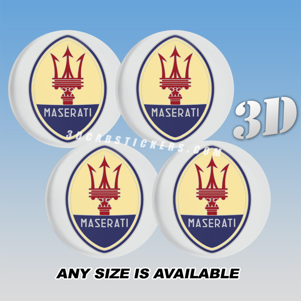 MASERATI OLD LOGO Decals For Wheel Center Caps — Red/Blue Logo/Silver Background