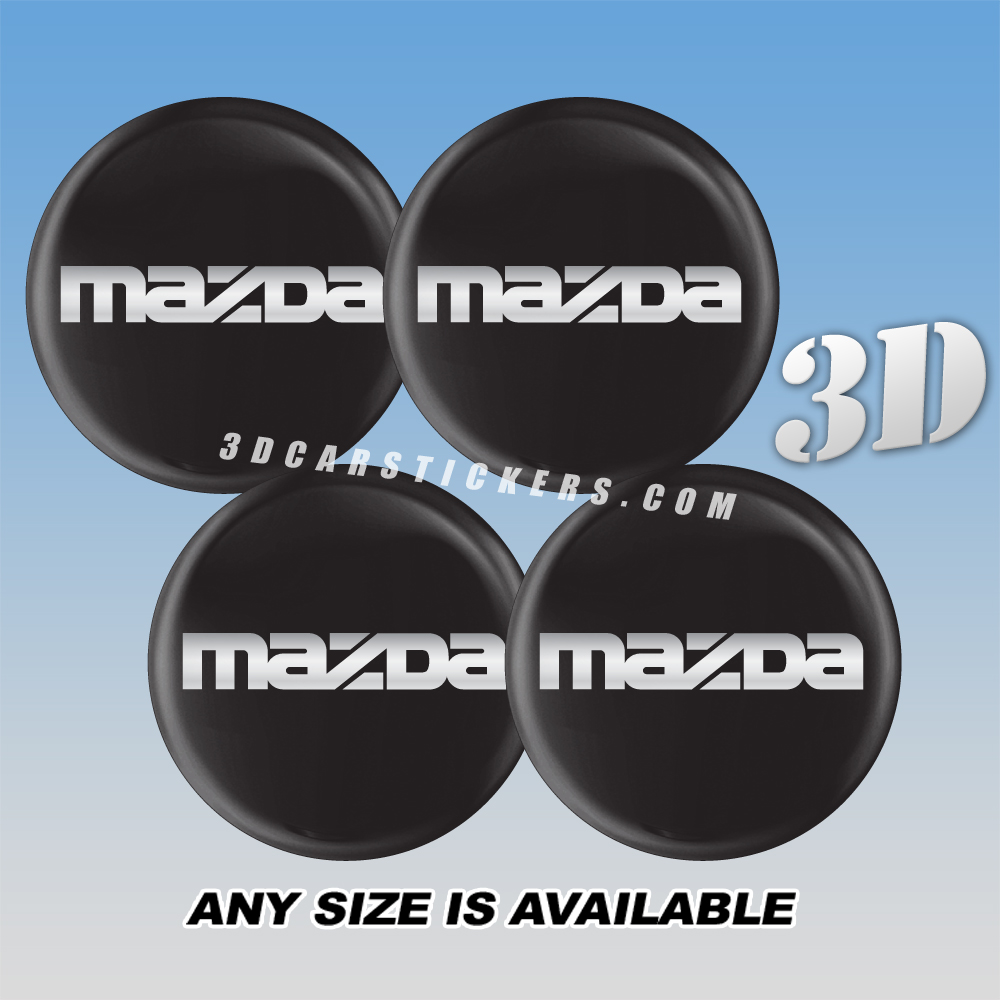 MAZDA Decals For Wheel Center Caps — Silver Writing/Black Background