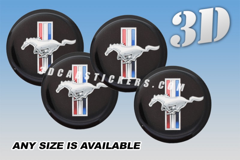 MUSTANG TRIBAR 3d car wheel center cap emblems stickers decals  :: Red/White/Blue/black background ::