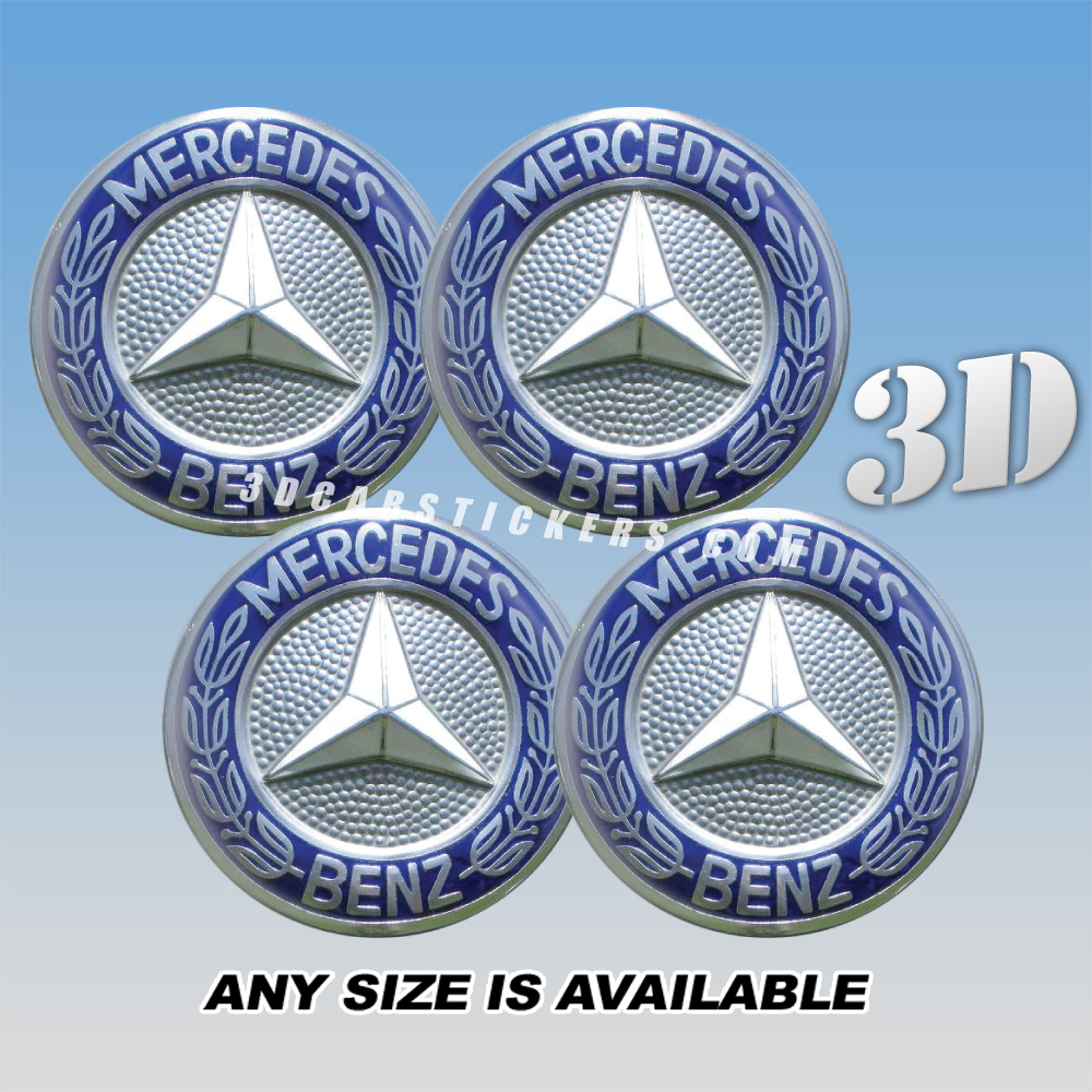 MERCEDES BENZ Decals For Wheel Center Caps — Silver Logo/Blue Background