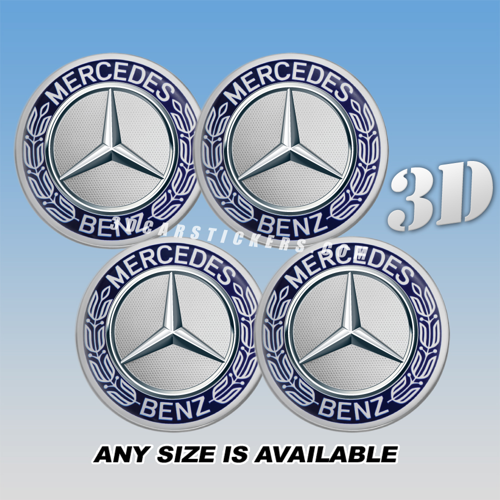 MERCEDES BENZ Decals For Wheel Center Caps — Silver Logo/Dark Blue Background