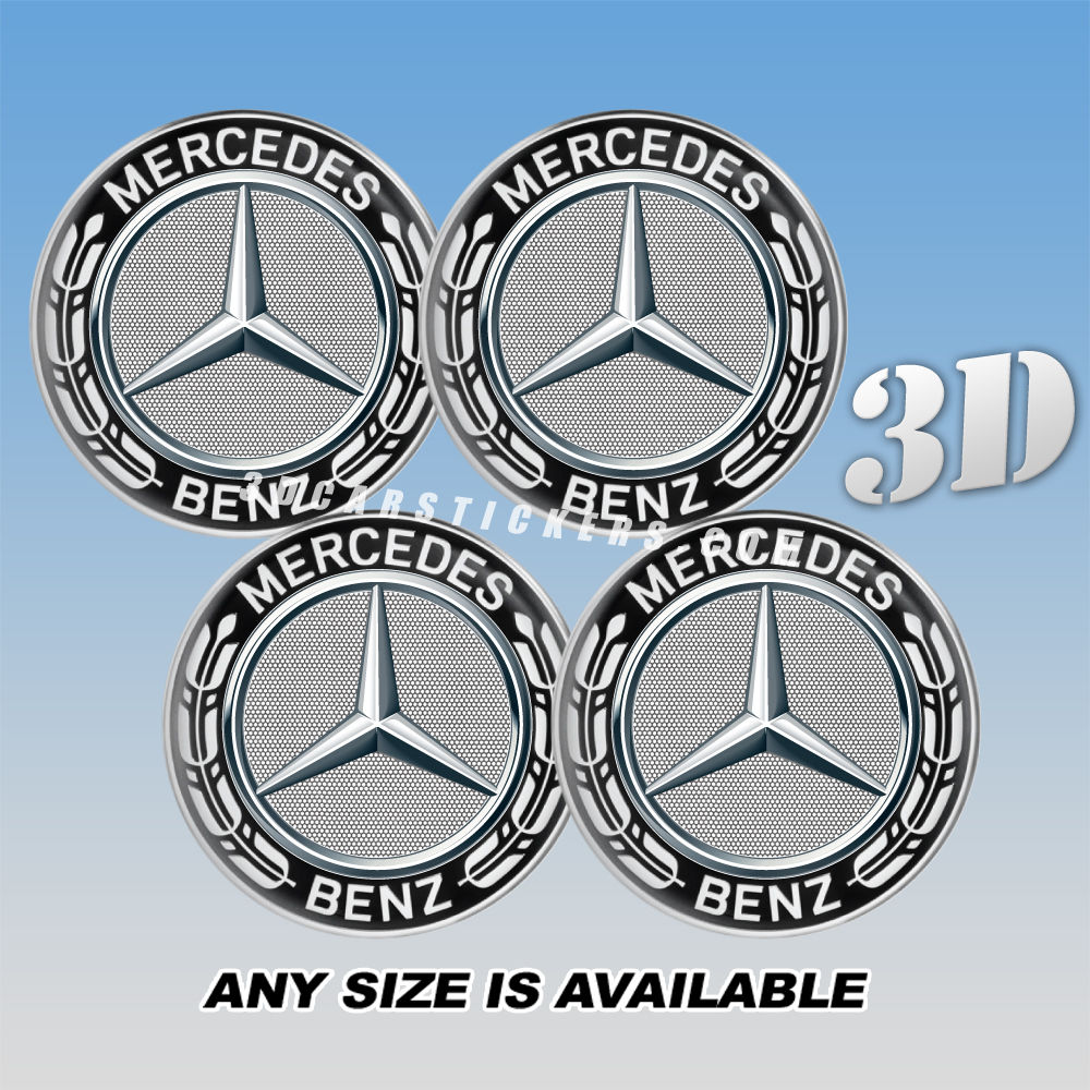 MERCEDES BENZ Decals For Wheel Center Caps — Silver Logo/Silver Writing/Black Background