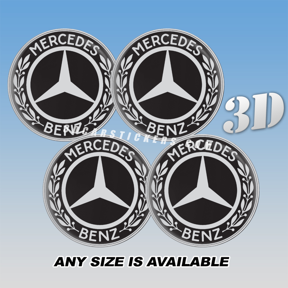 MERCEDES BENZ Decals For Wheel Center Caps — White Logo/Black Background