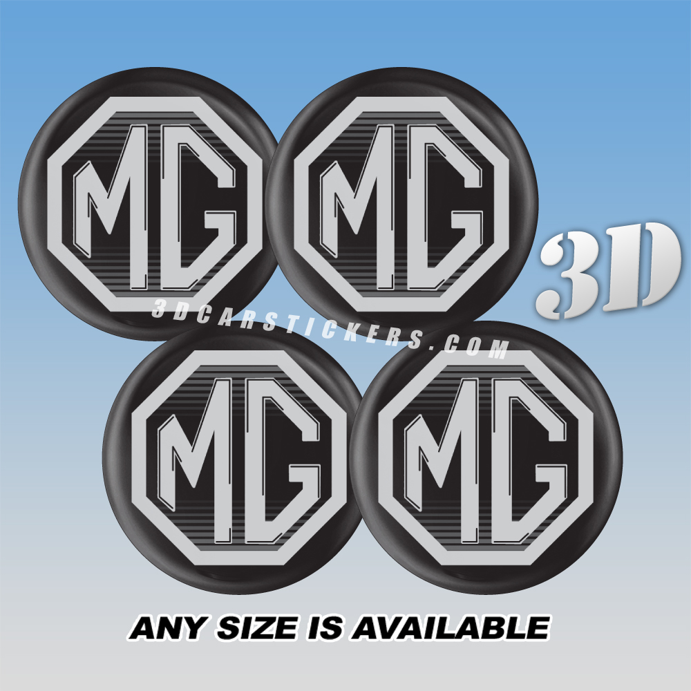 MG Domed Decals For Wheel Center Caps — Silver logo/black background: