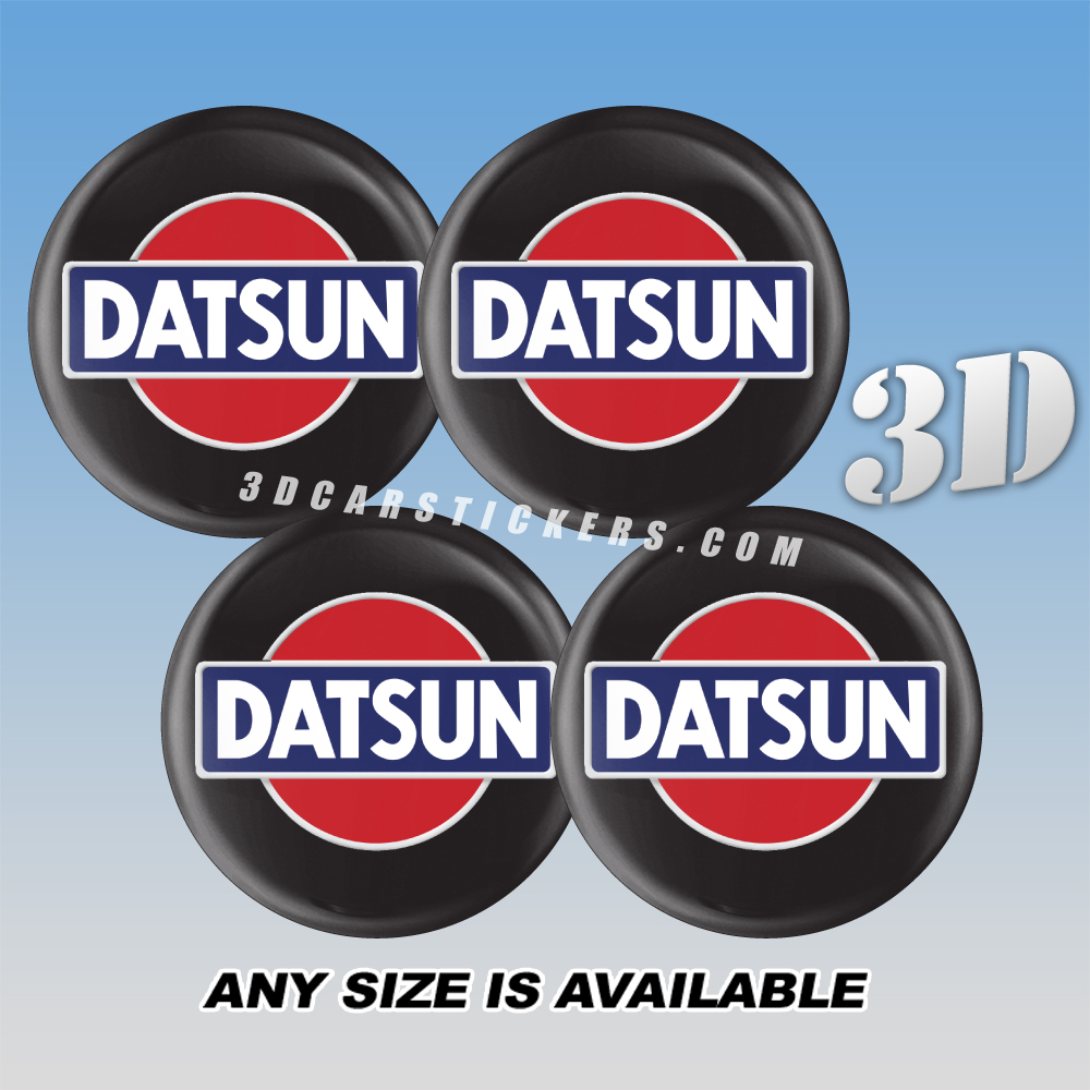 DATSUN Decals For Wheel Center Caps — White/Blue/Red Logo/Black Background