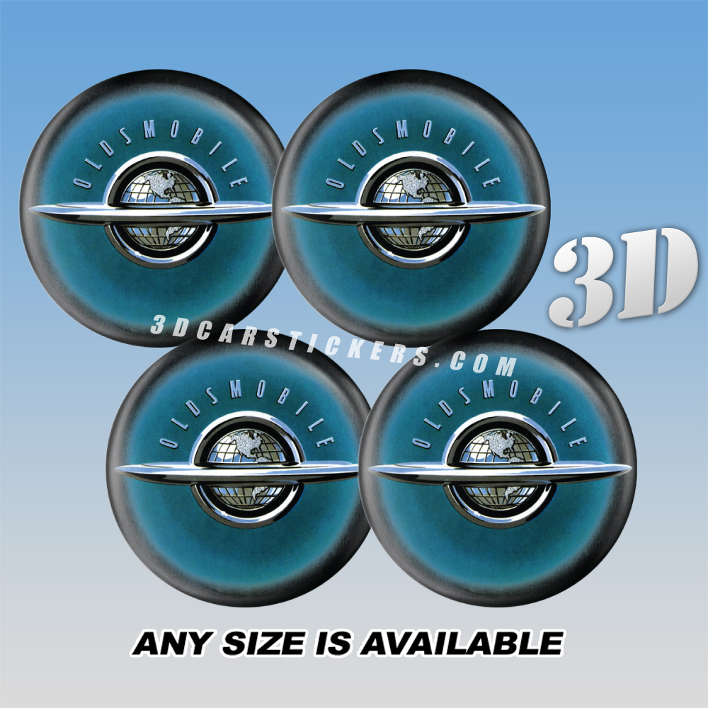 Oldsmobile PLANET Decals For Wheel Center Caps — Silver logo/black/blue background: