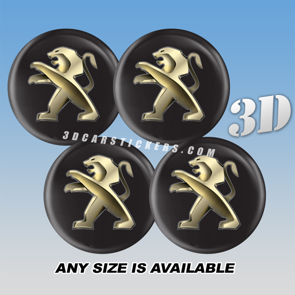 PEUGEOT 3d domed car wheel center cap emblems stickers decals  :: Gold logo/black background ::