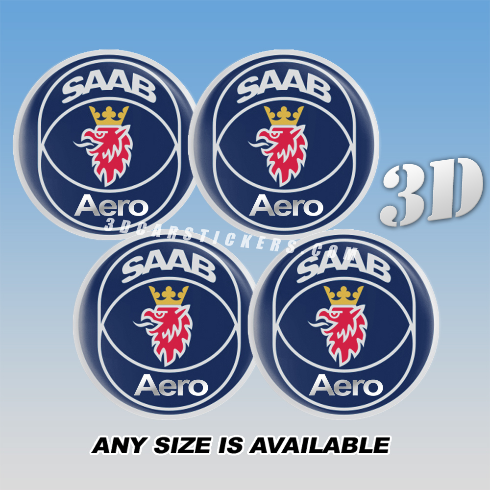 SAAB AERO Decals For Wheel Center Caps — Red/Silver Logo/Blue Background