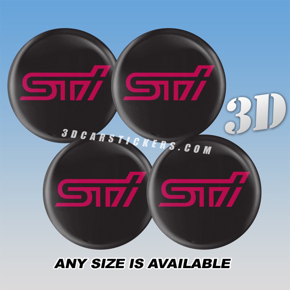 STI Domed Decals For Wheel Center Caps — Pink Logo/Black Background