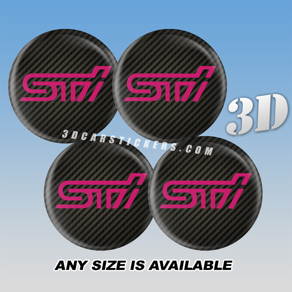 STI Domed Decals For Wheel Center Caps — Pink Logo/Carbon Background