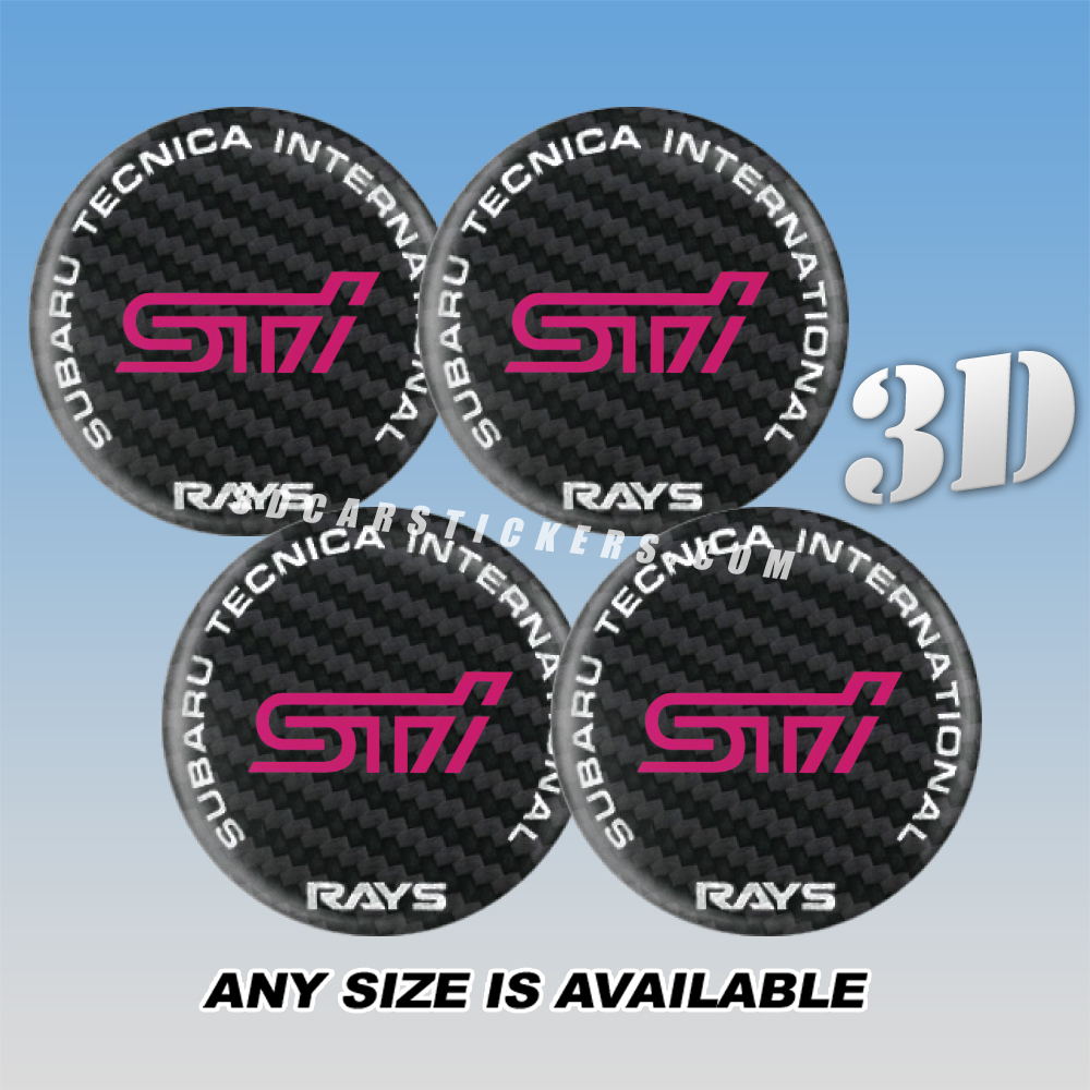 STI RAYS Domed Decals For Wheel Center Caps — Pink/Silver Logo/Black Background