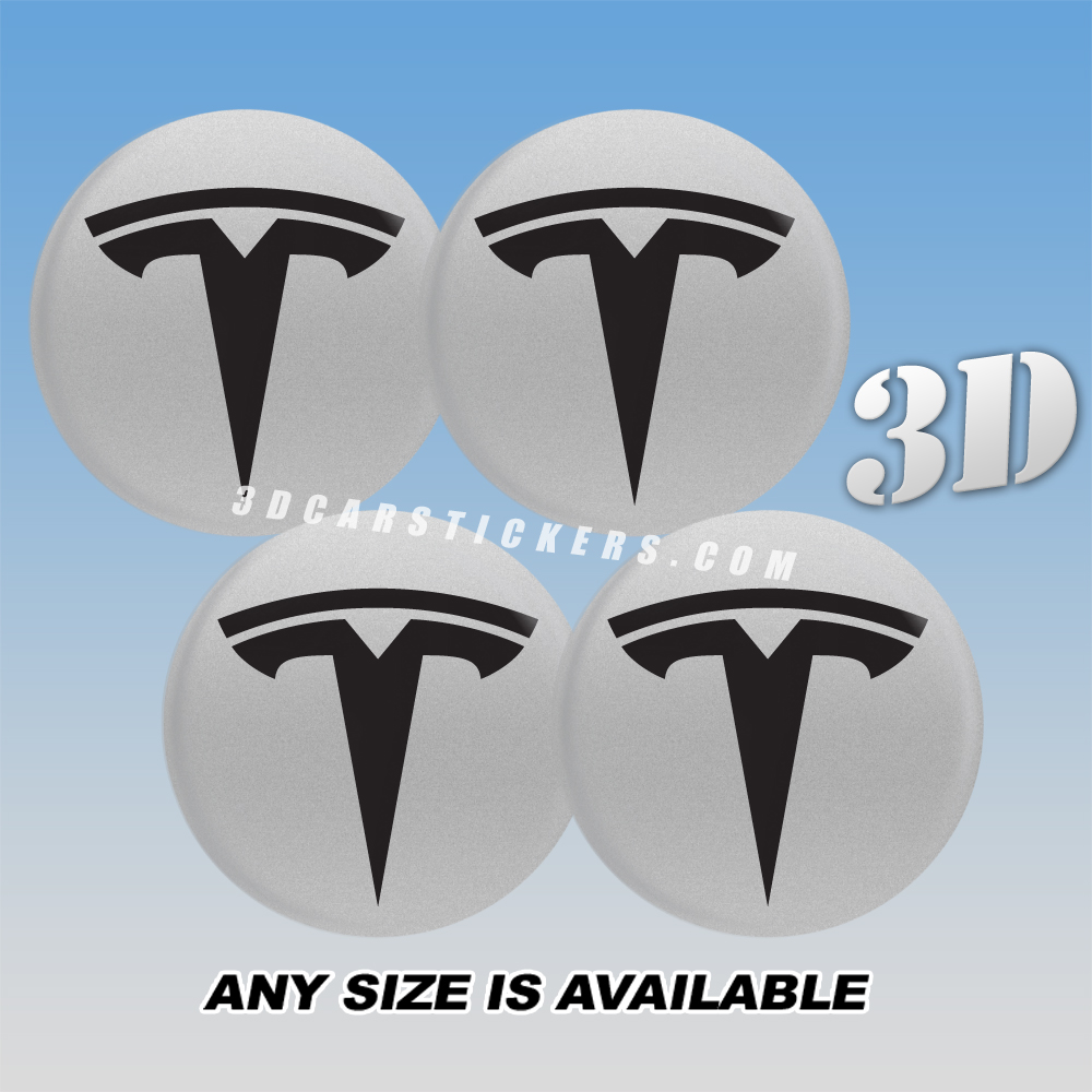 TESLA Decals For Wheel Center Caps — Black Logo/Silver Background