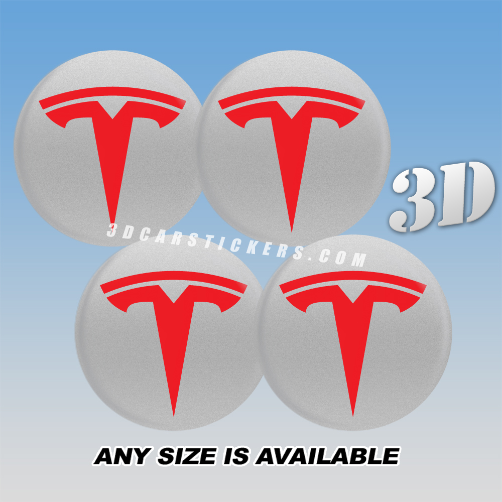 TESLA Decals For Wheel Center Caps — Red Logo/Silver Background