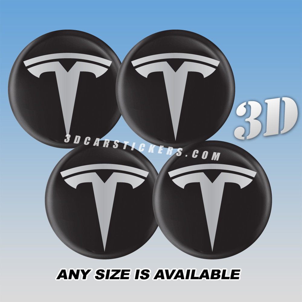 TESLA Decals For Wheel Center Caps — Silver Logo/Black Background