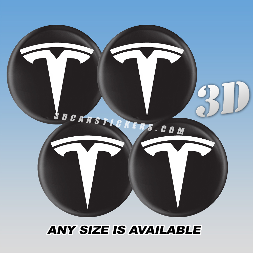 TESLA Decals For Wheel Center Caps — White Logo/Black Background