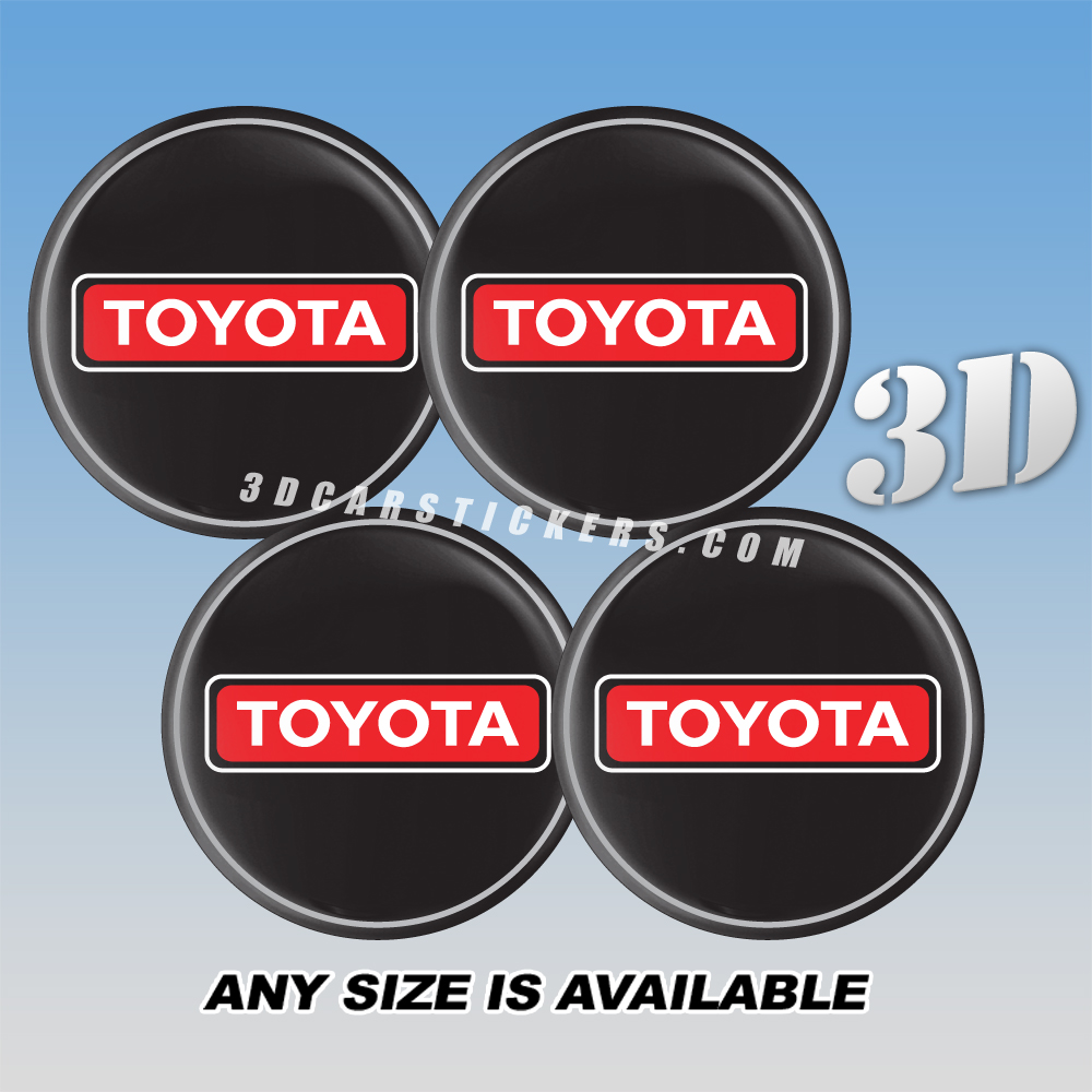 TOYOTA Decals For Wheel Center Caps — White/Red Writing/Silver Outlilne/Black Background