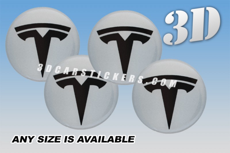 TESLA 3d car wheel center cap emblems stickers decals  :: Black logo/Silver background ::