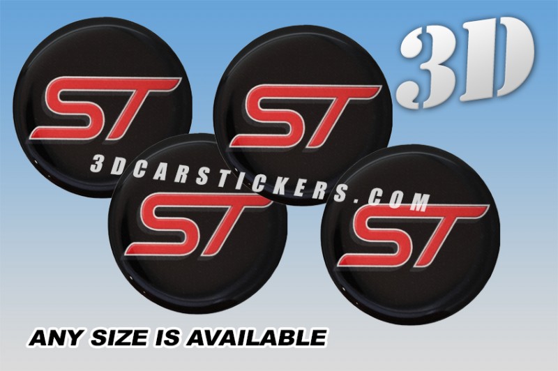 FORD ST 3d domed car wheel center cap emblems stickers decals  :: Red logo/Silver outline/black background ::