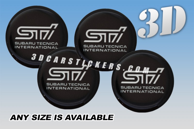 STI 3d domed car wheel center cap emblems stickers decals  :: Silver logo writing/black background ::