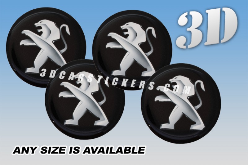 PEUGEOT 3d domed car wheel center cap emblems stickers decals  :: Silver logo/black background ::