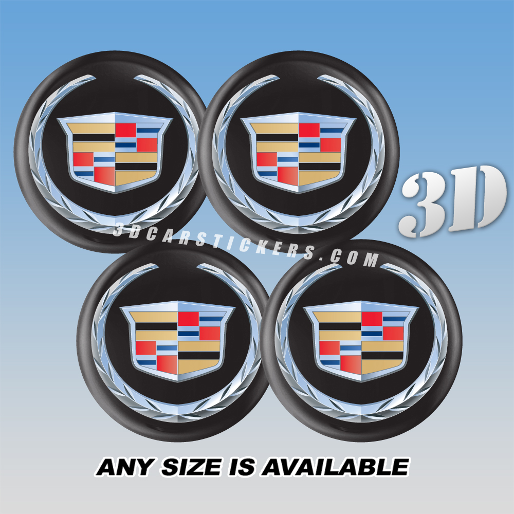 CADILLAC Domed Decals For Wheel Center Caps — Silver Classic Logo/Black Background