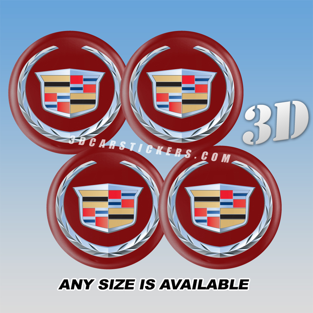 CADILLAC Domed Decals For Wheel Center Caps — Silver Classic Logo/Burgundy Background