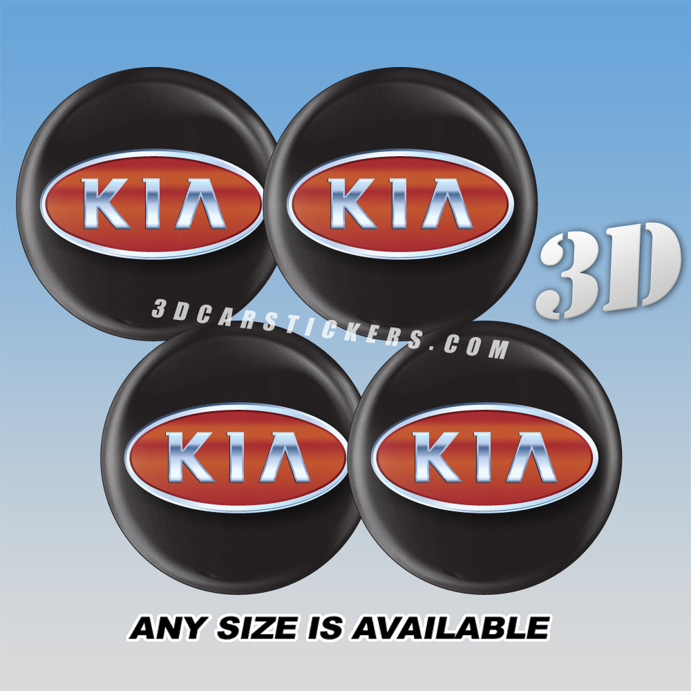 KIA Decals For Wheel Center Caps — Silver Red Logo/Black Background