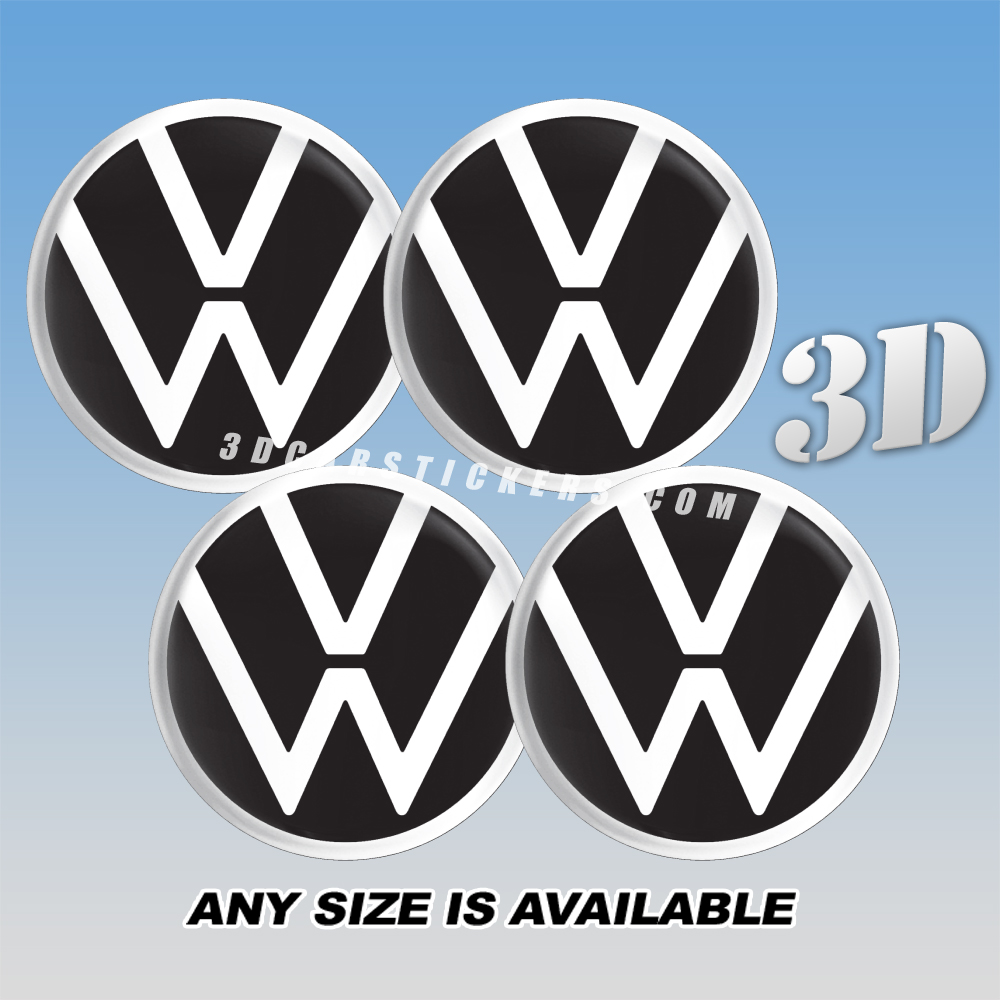 VOLKSWAGEN Decals For Wheel Center Caps — White NEW Logo/Black Background