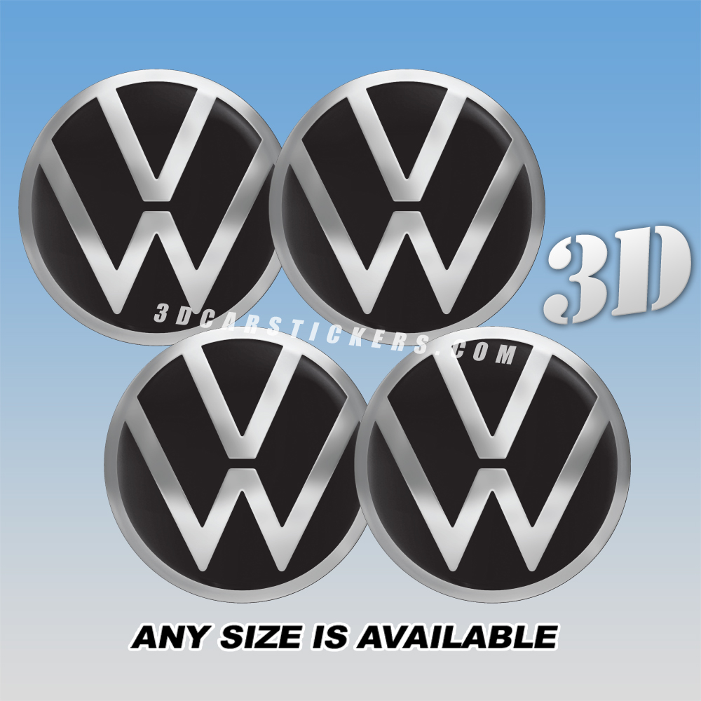 VOLKSWAGEN Decals For Wheel Center Caps — Silver NEW Logo/Black Background