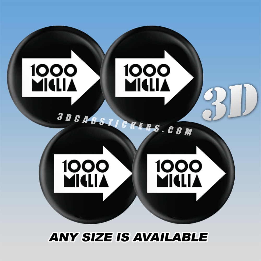 1000 MIGLIA Decals For Wheel Center Caps — White Logo/Black Background