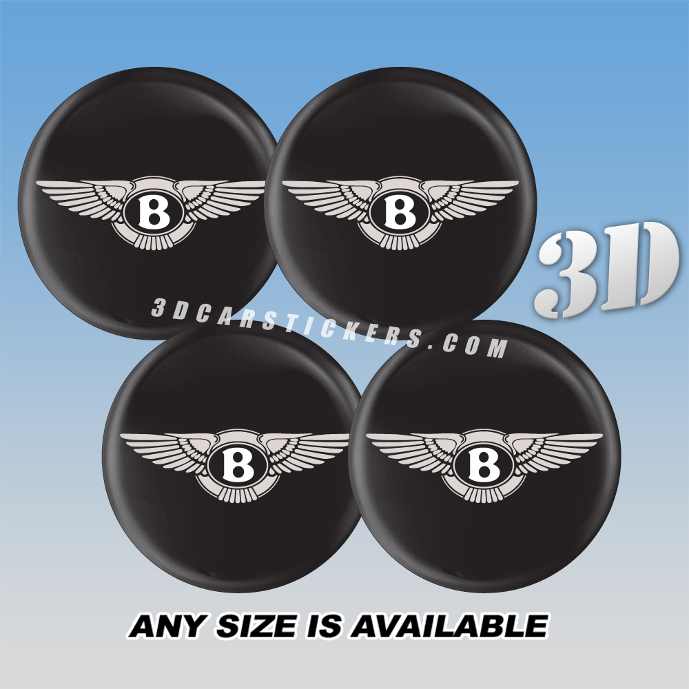 BENTLEY Domed Decals For Wheel Center Caps — Black-White Logo/Black Background