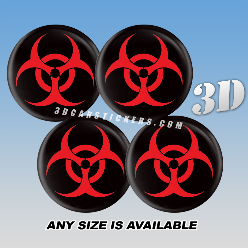 BIOHAZARD Domed Decals For Wheel Center Caps — Red Logo/Black Background