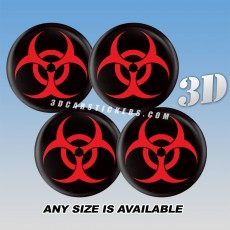 BIOHAZARD Domed Decals For Wheel Center Caps — Red Logo/Black Background