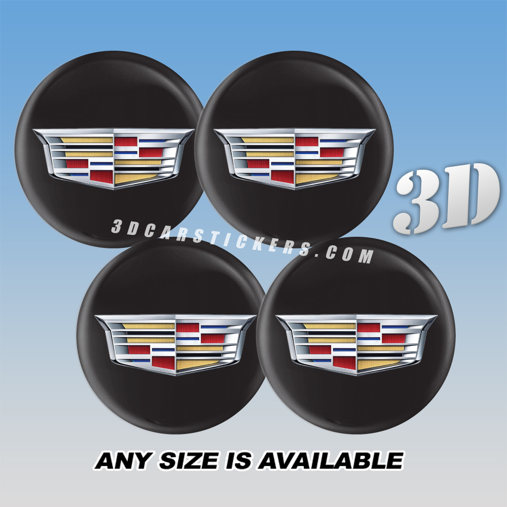 CADILLAC NEW LOGO Domed Decals For Wheel Center Caps — Color Logo/Black Background