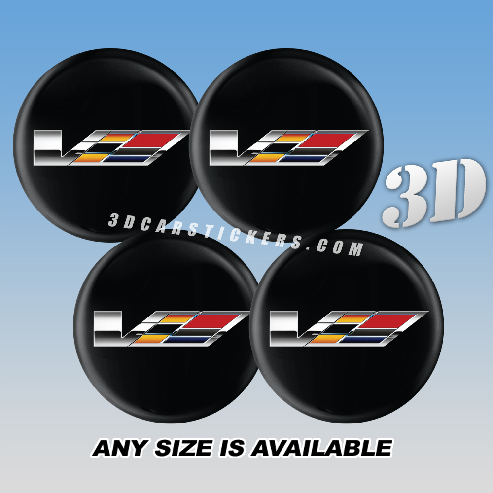 CADILLAC V Domed Decals For Wheel Center Caps — Color Logo/Black Background