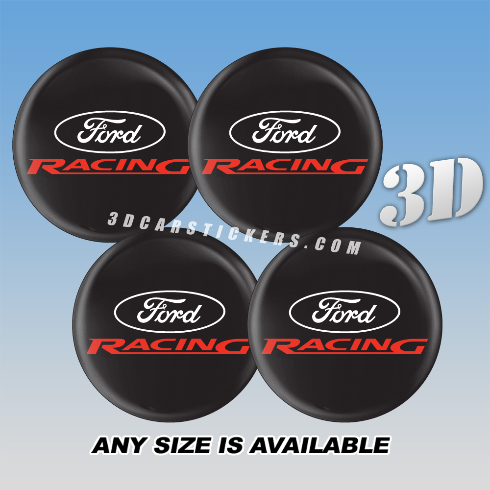 FORD RACING Decals For Wheel Center Caps — White/Red Logo/Black Background