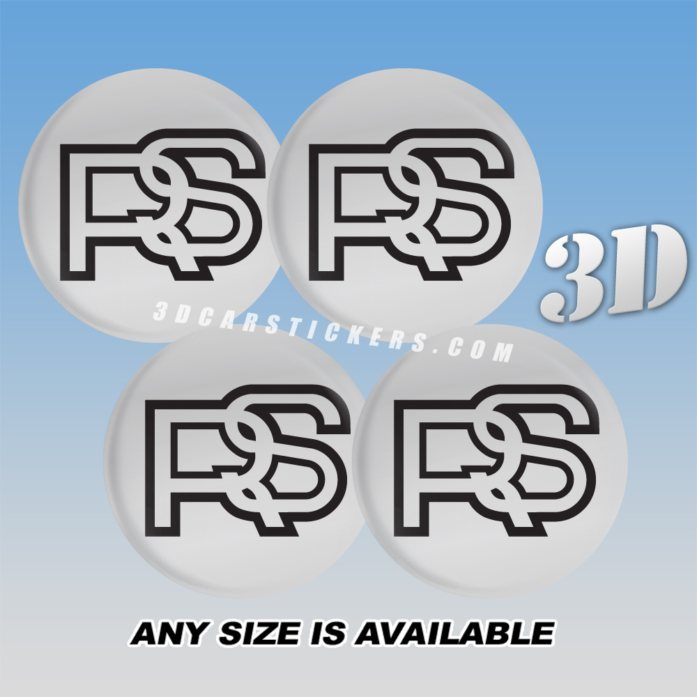 FORD RS Decals For Wheel Center Caps — Black Logo/Silver Background