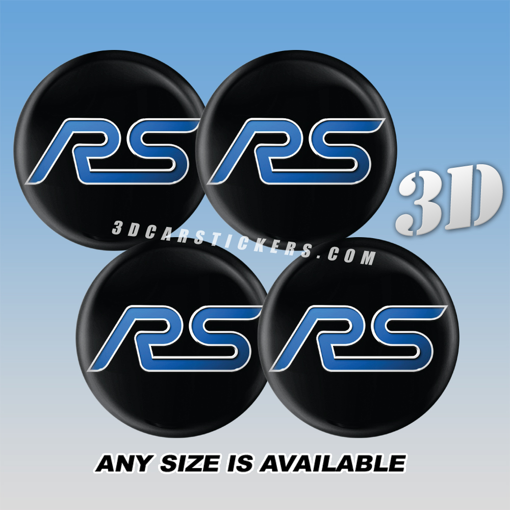 FORD RS Decals For Wheel Center Caps — Blue Logo/Black Background